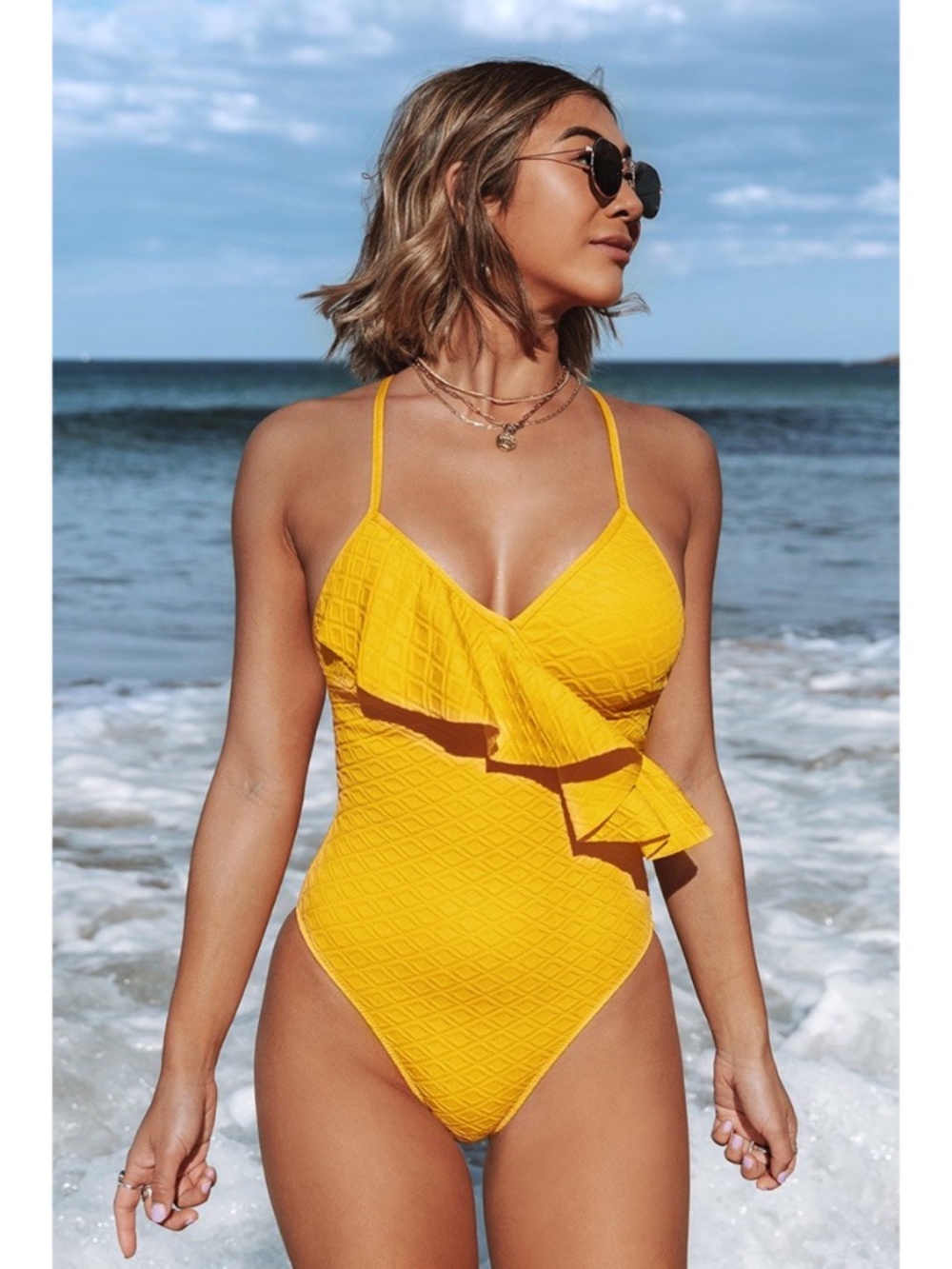 Cupshe Yellow Ruffled Lace-Up Crisscross One Piece Swimsuit